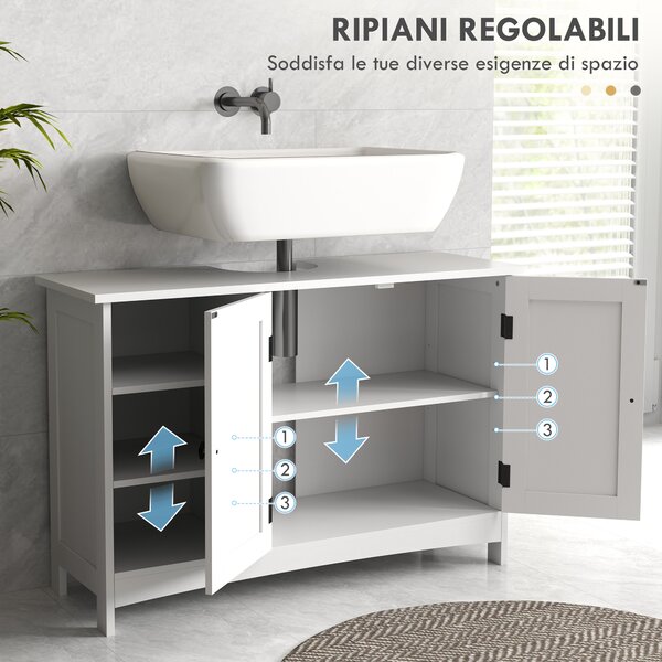Kleankin Mobile Sotto Lavabo Bagno con Armadietto a 2 Ante e 3 Ripiani Aperti in Legno, 90x30x60cm, Bianco