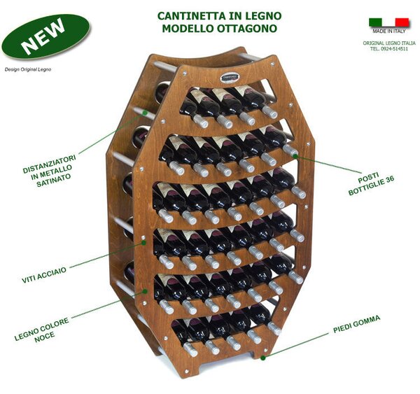 Cantinetta Portabottiglie in legno Ottagono 75x25xh120 cm contenuto 36 bottiglie , colore Noce