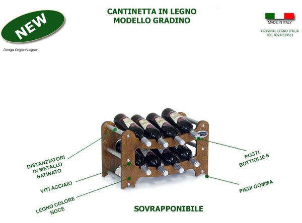 Cantinetta Portabottiglie Sovrapponibile in legno Gradino Contenuto 8 bottiglie Noce