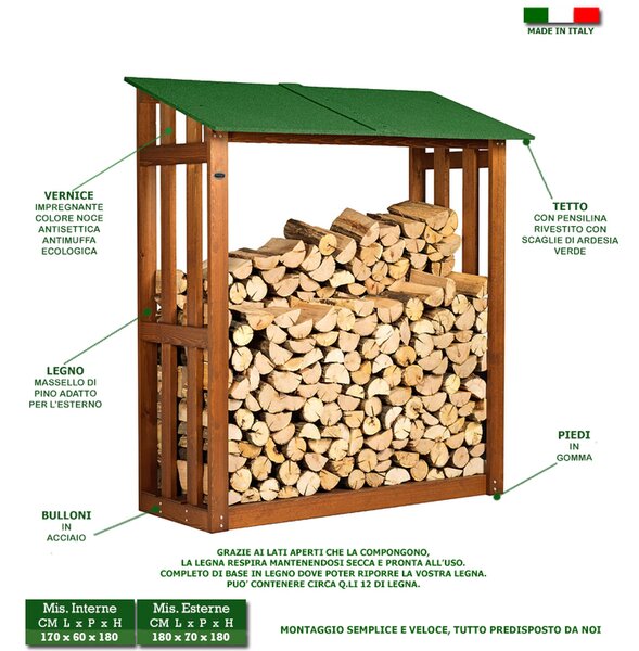 Portalegna Legnaia in legno con Tettino 180x70xh 180 Cm contenuto legna 12 quintali tettino verde