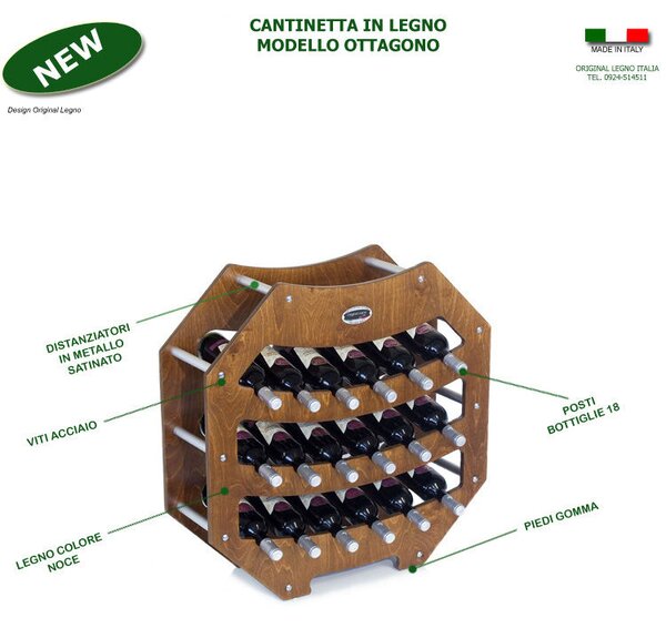Cantinetta Portabottiglie in legno Ottagono 75x25xh75 cm 18 bottiglie Noce