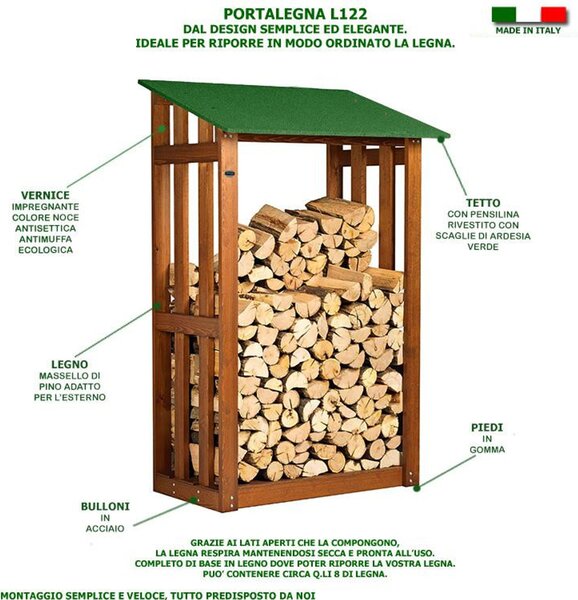 Portalegna Legnaia in legno con Tettino 122x70xh 180 Cm -contenuto legna 8 quintali tettino verde