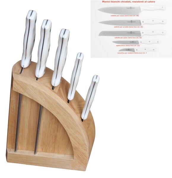 Ceppo coltelli in legno di faggio 20x8xh39 cm con 5 coltelli Da cucina Professionali manici bianchi n acciaio inox molibdeno