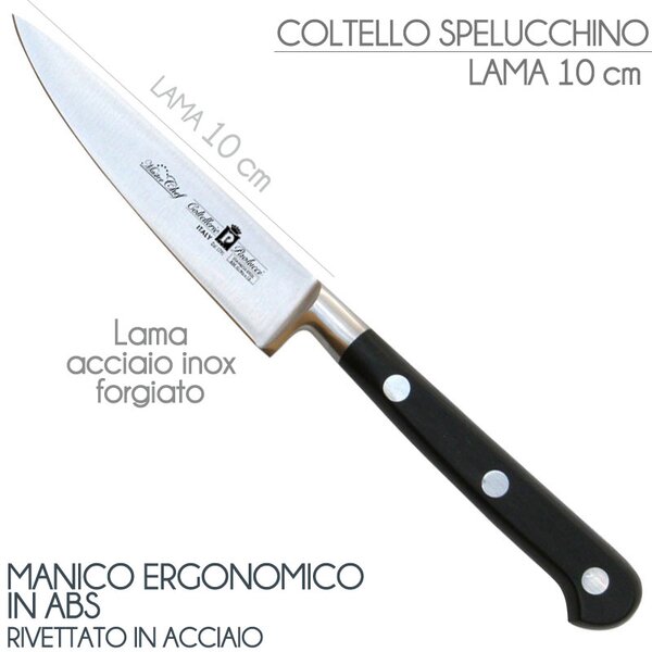 Coltello spelucchino forgiato Manici in POM per alimenti. colore nero. resistente in lavastoviglie