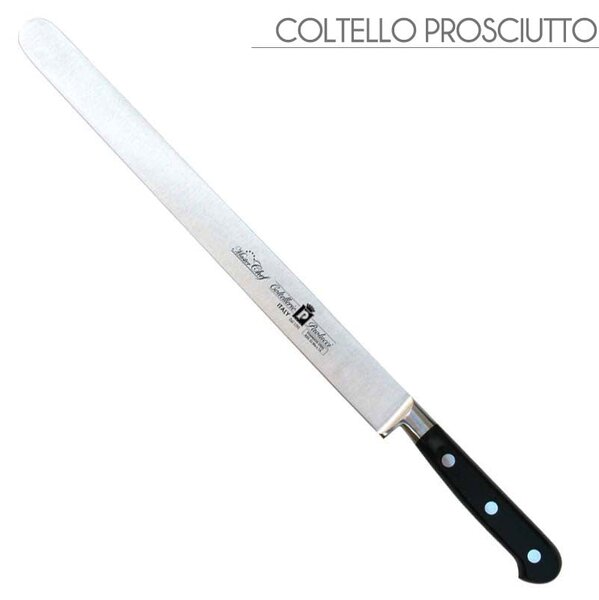 Coltello prosciutto largo forgiato Manici in POM per alimenti. colore nero. resistente in lavastoviglie