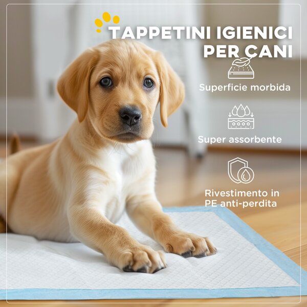 PawHut Set 100 Tappetini Igienici per Cani a 6 Strati in Tessuto non Tessuto, Carta e PE, 45x30 cm, Blu e Bianco