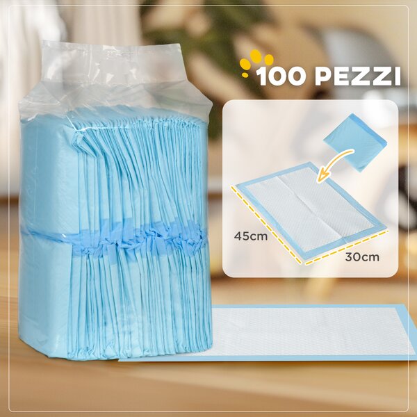 PawHut Set 100 Tappetini Igienici per Cani a 6 Strati in Tessuto non Tessuto, Carta e PE, 45x30 cm, Blu e Bianco