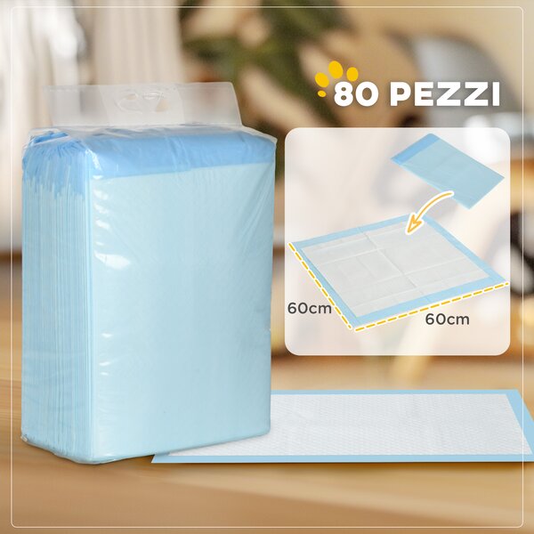 PawHut Set 80 Tappetini Igienici per Cani a 6 Strati in Tessuto non Tessuto, Carta e PE, 60x60 cm, Blu e Bianco