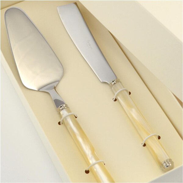Confezione due pezzi per Dolce PERLATO modello Linea composizione pala e coltello scatolato manicatura in acrilico con doppia ghiera tornita. in scatolata bomboniera serigrafata