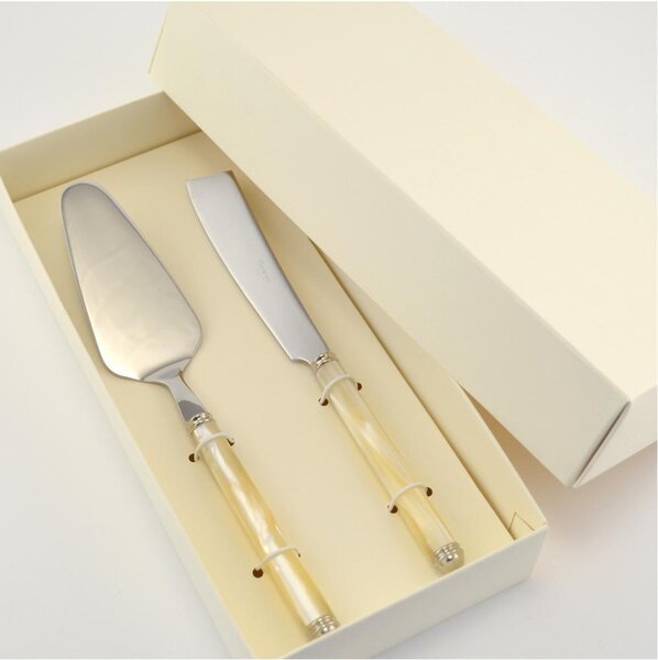 Confezione due pezzi per Dolce PERLATO modello Linea composizione pala e coltello scatolato manicatura in acrilico con doppia ghiera tornita. in scatolata bomboniera serigrafata
