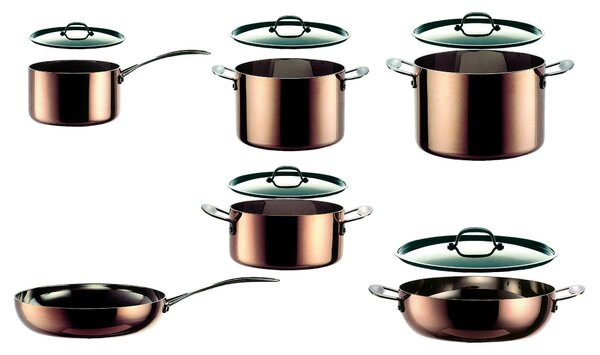 Batteria di Pentole TOSCANA 11 Pezzi Rame-Alluminio-Acciaio in rame cuore in rame interno inox 18/10 utilizzabile Su gas , Elettrico , alogeno e ad Induzione si in lavastoviglie