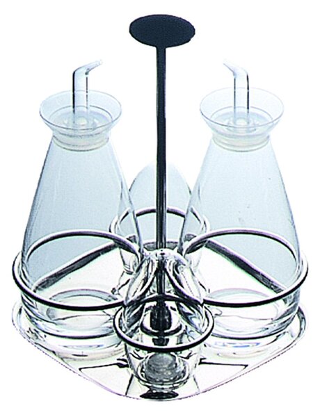 Oliera Base quadra GRAND HOTEL 4 PZ 22X18,6xh22 cm in acciaio lucido con ampolle in vetro 30 cl e tappo salva goccia
