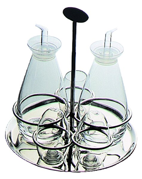 Oliera Base Rotonda GRAND HOTEL 5 PZ 22X18,6xh22 cm in acciaio lucido con ampolle in vetro 30 cl e tappo salva goccia