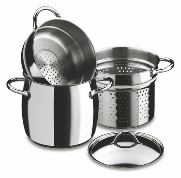 Pentola Mepra in acciaio inox 18/10 linea 1950 Tuttofare diametro 22 cm 4 pezzi con coperchio in acciaio , cuocipasta , cuocivapore inox lucido