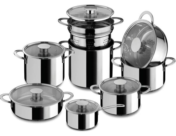 Batteria di pentole 14 pezzi GOURMET acciaio inox 18/10 con coperchi in vetro pyrex adatta per per piano elettrico, induzione, gas, alogeno, vetroceramica , forno