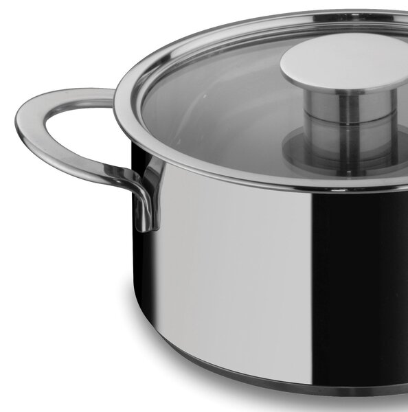 Casseruola fonda un manico 16 cm con coperchio in vetro pyrex linea Gourmet Mepra, acciaio inox 18.10 per piano elettrico, induzione, gas, alogeno, vetroceramica , forno