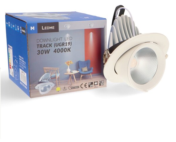 Faretto Led da incasso Track 30W Rotondo Orientabile Cornice bianca Apertura 24 gradi Bianco freddo 6000K M LEDME