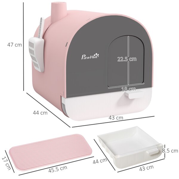 PawHut Lettiera per Gatti Chiusa con Vassoio Rimuovibile, Paletta e Filtro, 43x44x47cm, Rosa | Aosom