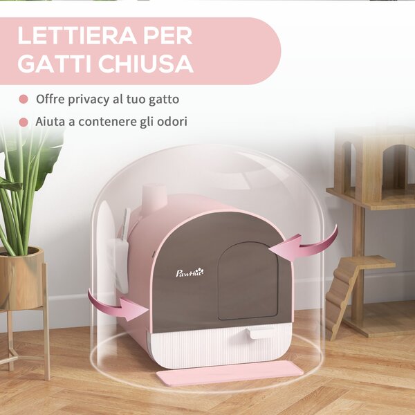 PawHut Lettiera per Gatti Chiusa con Vassoio Rimuovibile, Paletta e Filtro, 43x44x47cm, Rosa | Aosom
