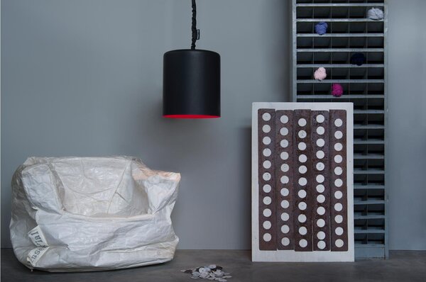 Lampada da Soffitto Bin lavagna colore nero Altezza 37 cm Diametro 33,5 cm, realizzata in laprene, nylon, nebulite, resina effetto lavagna