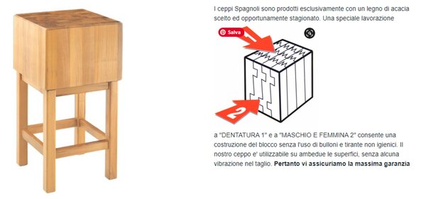 Ceppo in Legno massello con piedistallo 40x40x25xh 90 cm peso 40 kg in legno di Acacia stagionato con lavorazione dentatura maschio Femmina