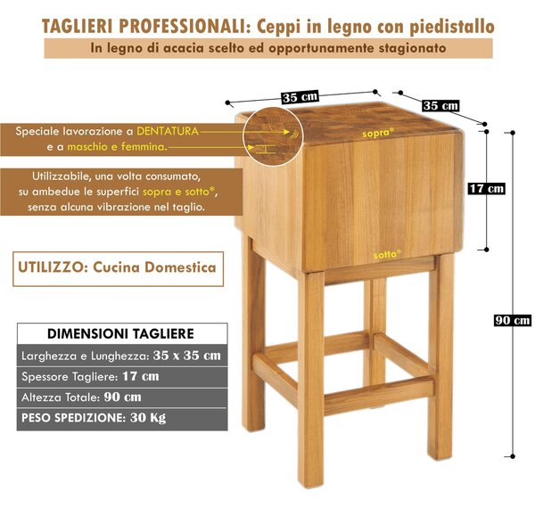 Ceppo in Legno massello con piedistallo 35x35x17xh90 cm peso 30 kg in legno di Acacia stagionato con lavorazione dentatura maschio Femmina