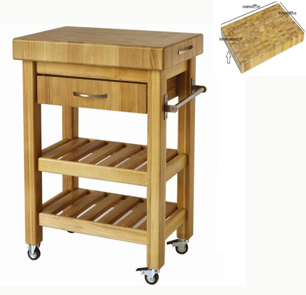 Carrello da cucina in legno massello con cassetto 60x40xh85 cm con tagliere in legno di Acacia stagionato con lavorazione dentatura maschio Femmina