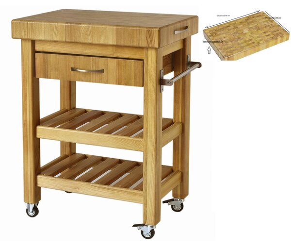 Carrello da cucina in legno massello con cassetto 70x40xh85 cm con tagliere in legno di Acacia stagionato con lavorazione dentatura maschio Femmina