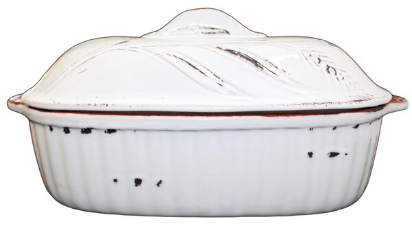 Cuociarrosto in Terracotta con coperchio 35x24xh 14 cm , utilizzabile solo in forno Colore Terracotta vecchi smalti bianco