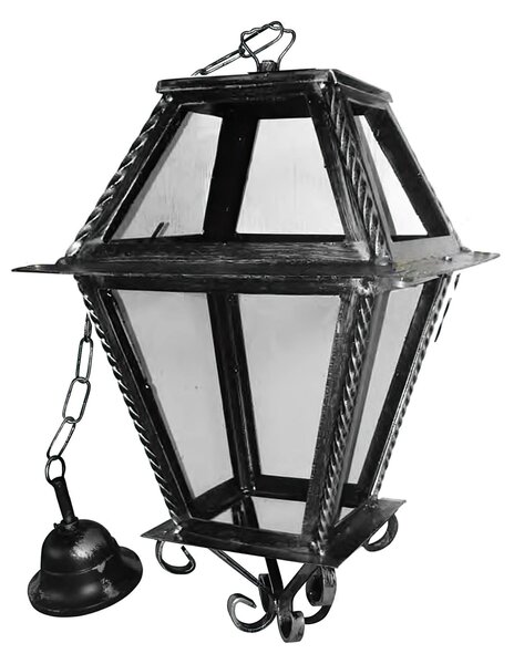 Lanterna doppi vetri con catena In ferro Battuto 28x28xh49cm interno esterno, lampadina E 27 con vetri e impianto colore nero