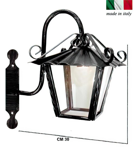 Lanterna con Braccio In ferro Battuto 20x20xh 30 cm - Attacco Lampada E 27 interno esterno con vetri e impianto colore nero