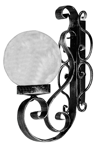 Applique Sfera In ferro Battuto 16xh33 cm- diametro sfera di vetro 16 cm interno esterno con vetri trasparente martellato e impianto colore nero