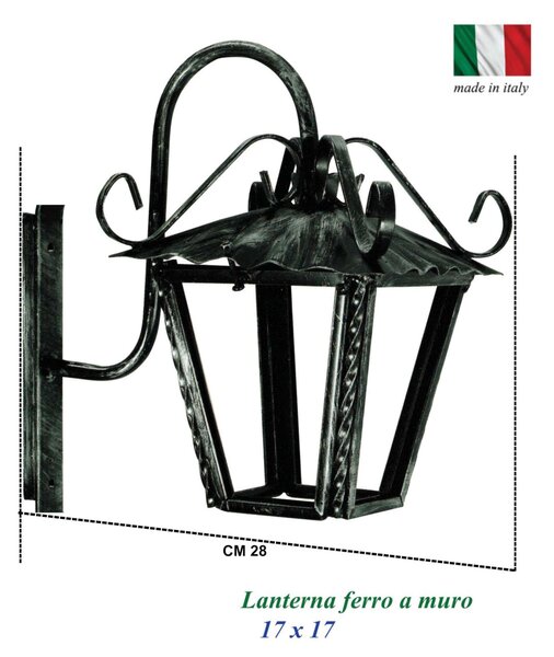 Lanterna con Braccio In ferro Battuto 17x17xh 30 cm - Attacco Lampada E 27 interno esterno con vetri e impianto colore nero