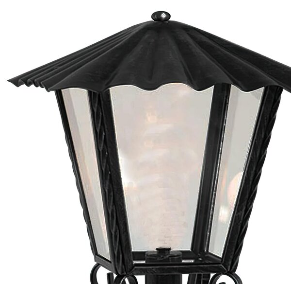 Lanterna da terra In ferro Battuto 20x h45cm x Palo da 3,5 cm - Attacco Lampada E 27 interno esterno, con vetri trasparenti ed impianto colore nero