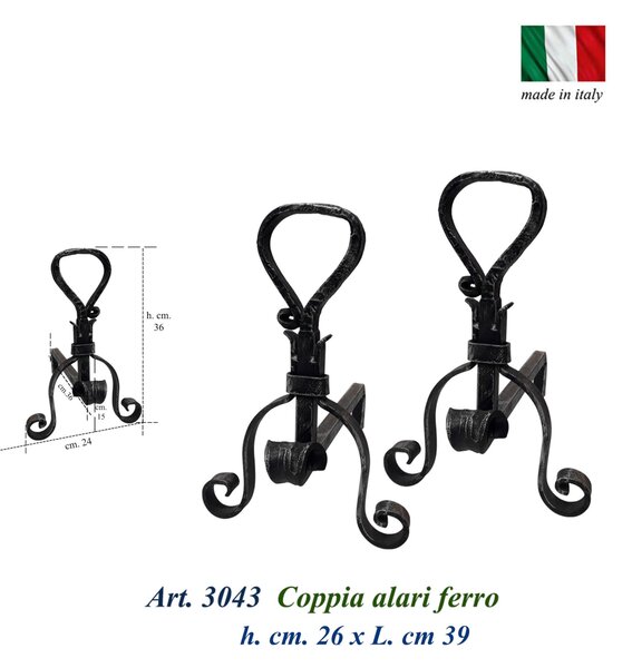 Coppia alari in ferro battuto per camino con anello Dimensioni 39x h26 cm lavorazione artigianale in ferro battuto colore nero