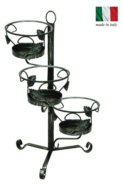 Porta vaso in ferro Battuto con foglie, 3 Posti Dimensioni 50x h 72 cm - cestello x vasi in ferro battuto 21xh 14 cm colore nero
