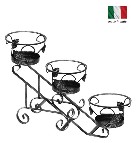 Porta vaso in ferro Battuto con foglie, 3 Posti Dimensioni 20x74x h 50 cm - cestello x vasi in ferro battuto 21xh 14 cm colore nero