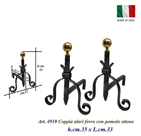 Alari per camino, coppia in ferro battuto e Ottone 36x h36 cm lavorazione artigianale in ottone pieno stile classico