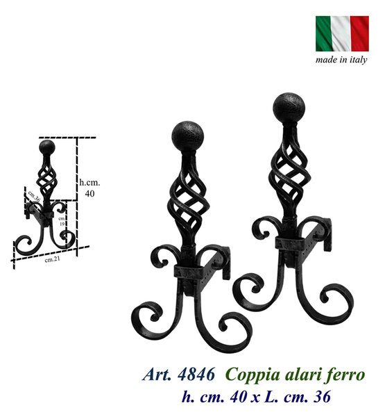 Alari per camino, PIGNA coppia in ferro battuto Dimensioni 40x h 36 cm lavorazione artigianale in ferro attorcigliato coppia PIGNA