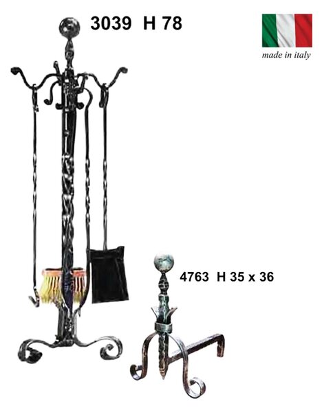 Coppia alari in ferro battuto per camino con palla 36xh36 cm lavorazione artigianale in ferro battuto colore nero