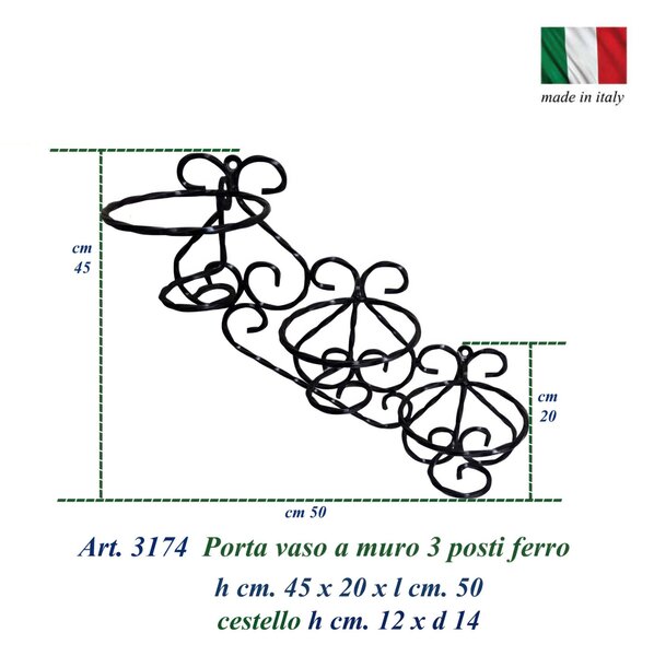Fioriera Porta vasi da Muro in ferro Battuto, 3 Posti Dimensioni 20x50x h 45 cm - cestello x vasi in ferro battuto �12xh 14 cm colore nero