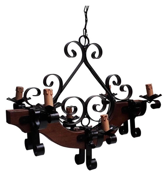 Lampadario ferro Battuto e legno 6 luci 67x67xh61cm -Peso 9 kg interno esterno, colore legno con ricci in ferro battuto