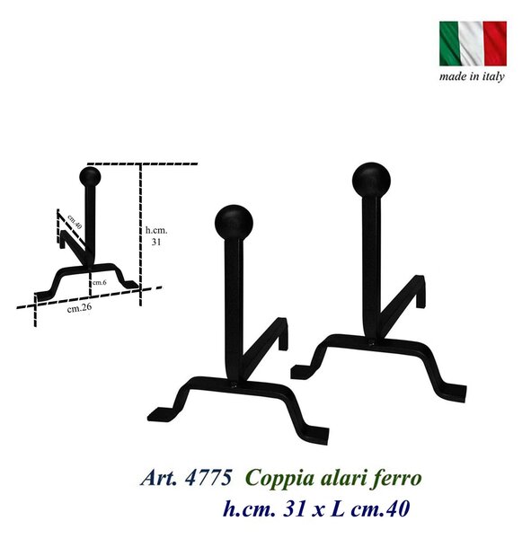 Alari per camino MODERNI, coppia in ferro battuto e Ottone Dimensioni 40x h 31 cm lavorazione artigianale in ottone pieno stile classico