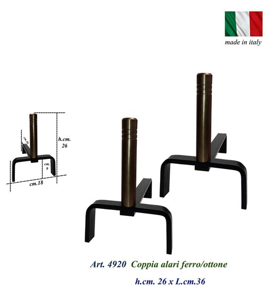 Alari per camino Moderni, coppia in ferro battuto e Ottone Dimensione 36x h 26 cm lavorazione artigianale in ottone pieno stile Moderno