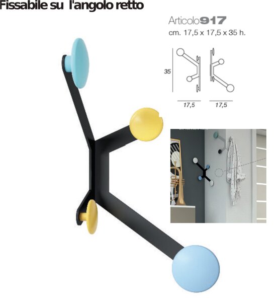 Appendino da parete ad angolo Spyder struttura in metallo a X dotata di 4 pomelli 35x5xh40 cm in struttura laccata nera pomelli