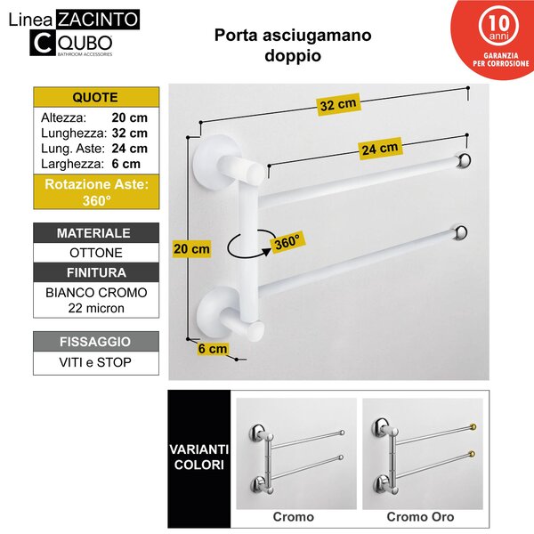Porta asciugamano doppio da BAGNO ZACINTO 32x6xh20 cm in ottone bagno galvanico di oltre 22 micron inalterabile nel tempo bianco pomelli cromo