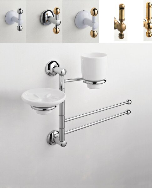Asta attrezzata Lavabo ZACINTO 44x14xh60 cm Porta sapone + Portabicchiere in ceramica + porta asciugamani tutti i braccetti che lo compongono ruotabile a 360 gradi snodabile a destra o sinistra