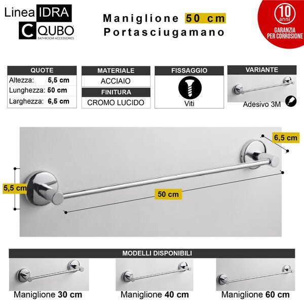 Maniglione Porta asciugamano da BAGNO Idra 50x6,5xh5,5 cm in finitura cromo lucido fissaggio a viti bagno galvanico di oltre 22 micron inalterabile nel tempo