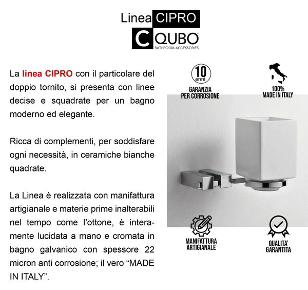 Porta bicchiere singolo da muro CIPRO 14x12xh11 cm finitura cromo lucido e contenitore in ceramica fissaggio a vite e stop