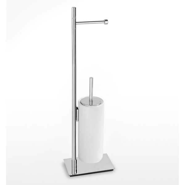 Piantana WC con Porta Rotolo pi� Porta scopino in Ceramica Linea Basic Design Moderno dimensioni 16x12xh66 cm - bracci lunghezza 28 cm cromo lucido Garanzia i0 anni contro la ruggine